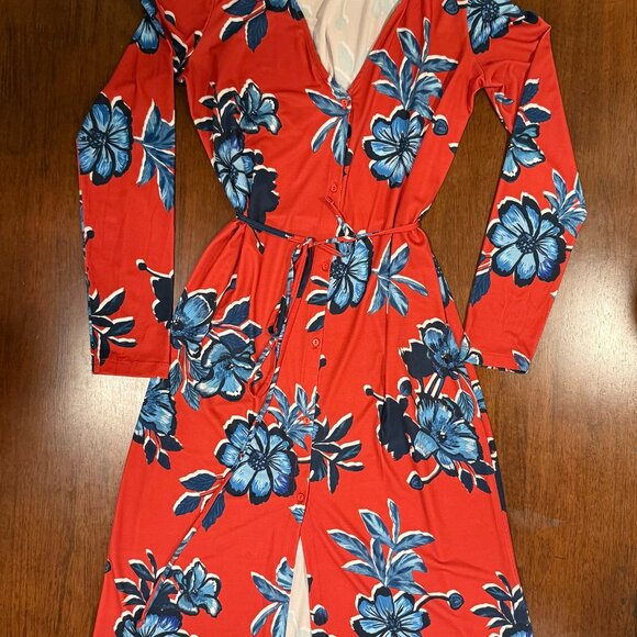 ZARA Red Floral Maxi Dress – Button Front, Long Sleeve, Size S - Picture 2 of 4